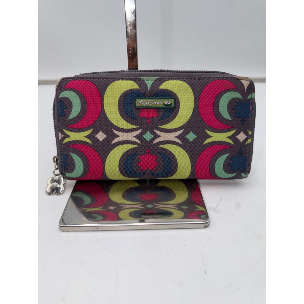Lily Bloom Zip Around Wallet Multicolor Geometric Floral Canvas Lotus Charm